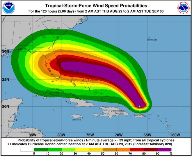 5:00 a.m. Thursday 8-28 advisory wind probability from National Hurricane Center